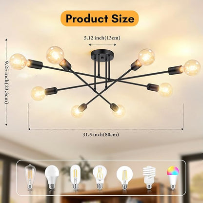 Modern Sputnik Chandelier 8-Light Industrial Ceiling Lights Fixture 32" Black Semi Flush Mount Ceiling Light with E26 Base Sputnik Lights Fixture for Dining Room Bedroom Foyer Hallway Living Room