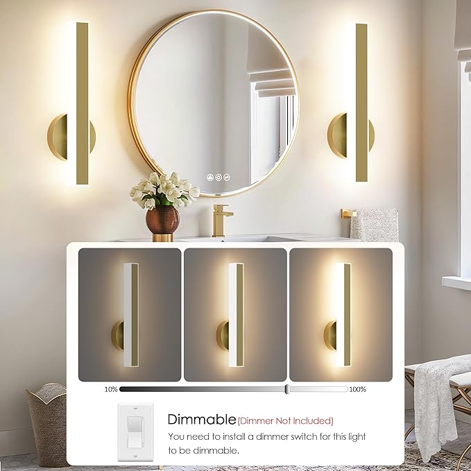 Aipsun Gold Wall Sconce Hardwired Modern LED 18W Wall Sconce Set of Two, 15.7Inches Wall Lights for Living Room Bedroom Hallway, 5CCT