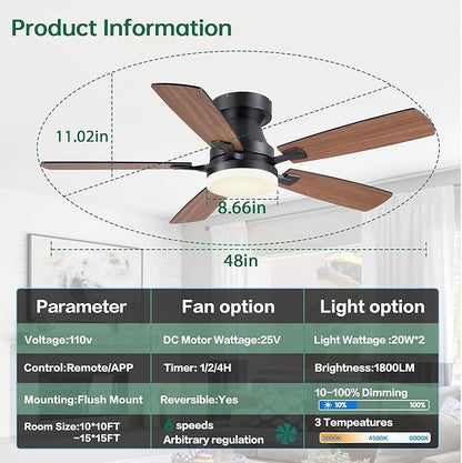 Ceiling Fans with Lights, 48 Inch Ceiling Fan with Light And Remote/APP,Low Profile Ceiling Fan with Light,DC Reversible,6 Speed Noiseless LED Ceiling Fan,Brown Small Ceiling Fan for Bedroom