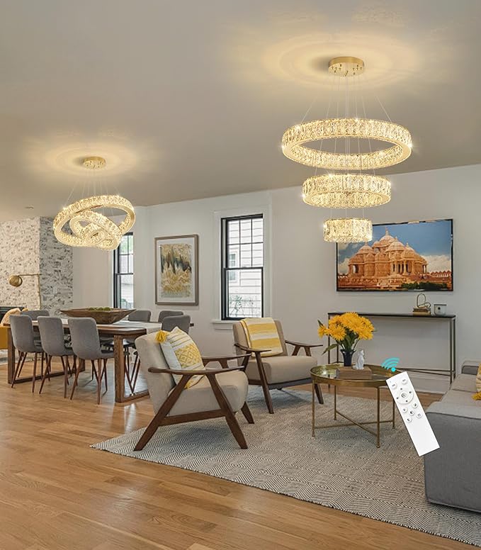 Modern Crystal Chandelier 36W Dimmable LED Ceiling Light Fixture with Remote Luxury Adjustable Pendant Light for Living Room Dining Room Gold
