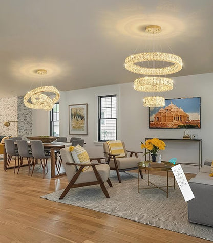 Modern Crystal Chandelier 36W Dimmable LED Ceiling Light Fixture with Remote Luxury Adjustable Pendant Light for Living Room Dining Room Gold