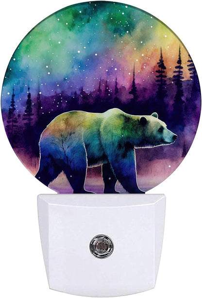 Aurora Forest Night Light,Magical Bear Night Lights Plug into Wall for Kitchens Toilets Bedroom Decorative Half Round Nightlight Led Lamp 0.5W Sleep Friendly