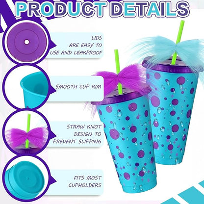 12 Sets Monster Party Supplies 24 oz Reusable Monster Themed Party Plastic Cups and Fur Plush Purple Blue Bows Bulk Cartoon Themed Drinking Cups for Girl Boy Birthday Baby Shower Decorations