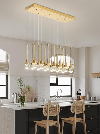 ykolupty 14-Light Modern LED Pendant Lighting Fixture for Kitchen Island Raindrop Crystal Chandelier Gold Chandelier for Dining Room High Ceiling Chandeliers for Staircase Foyer Hallway Villa