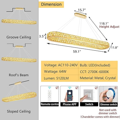 59'' Modern Oval Chandelier Crystal Chandeliers for Dining Room Round Ceiling Light Fixture for Living Room Lighting LED Dimmable with Remote Ring Lights Gold