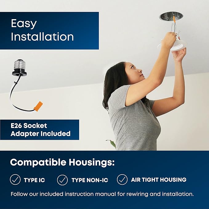 Feit Electric LED 4 Inch Recessed Lighting, 50W Equivalent, Dimmable Retrofit Downlight, E26 Adaptor for Recessed Can Lights, 50,000 Hour Lifetime, 650 Lumens, 5000k Daylight, LEDG2R4/950CA