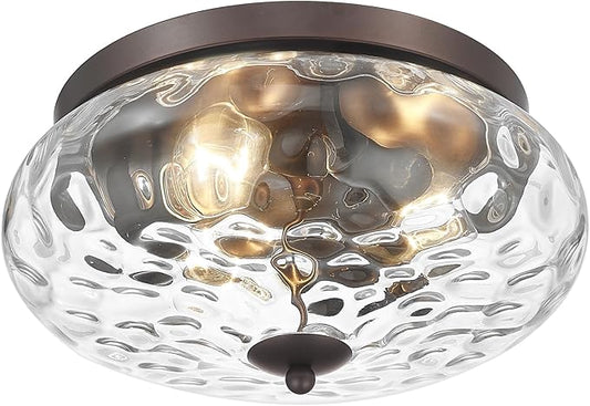 Darkaway Large Ceiling Light Fixtures, 3-Light Flush Mount Ceiling Light with Water Ripple Glass Shade for Indoor Outdoor Hallway Kitchen Bedroom Porch Living Room Oil-Rubbed Bronze Finish