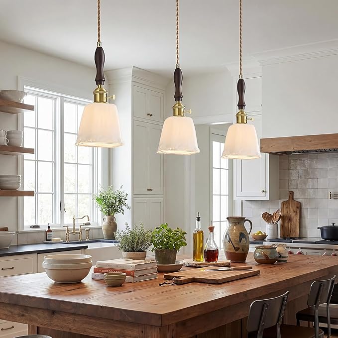 Mini Pendant Light Milky White Glass Pendant Lights Vintage Brass Pendant Lighting Kitchen Island Hanging Lamp with Wood Handle for Bedroom Dining Room (3 Pack)