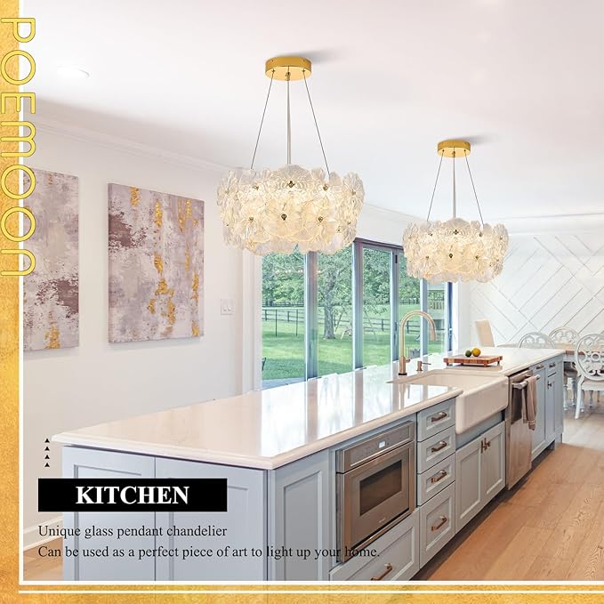 Modern Gold Glass LED Chandelier 20" Elegant Lotus Leaf Dimmable Ceiling Chandeliers with Remote Control Luxury for Foyer Entryway Living Dining Room(3000K-6500K)