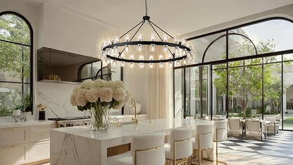 48 Inch Black Crystal Wagon Wheel Chandelier, Modern Farmhouse Round 48-Lights Pendant Lighting Fixture, for High Ceilings Living Room, Bedroom, Foyer