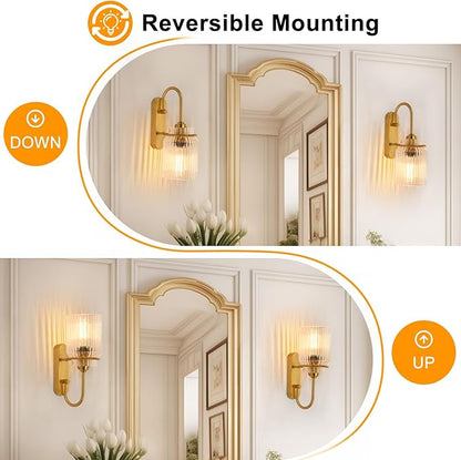 Gold Bathroom Sconces Set of 2, Modern Wall Sconce with Clear Glass Shade, Indoor Farmhouse Wall Sconce for Living Room, Bedroom, Hallway, Stairwell and Kitchen