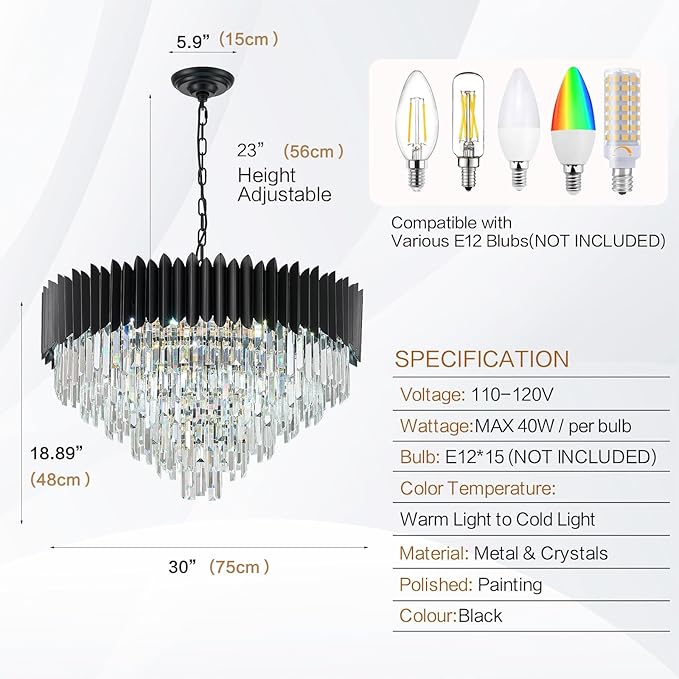 30'' Black Crystal Chandelier 6-Tier K9 Crystal Round Pendant Lights 15-Lights Adjustable Large Modern Crystal Chandelier Light for Dining Room Living Room Kitchen Foyer Entryway