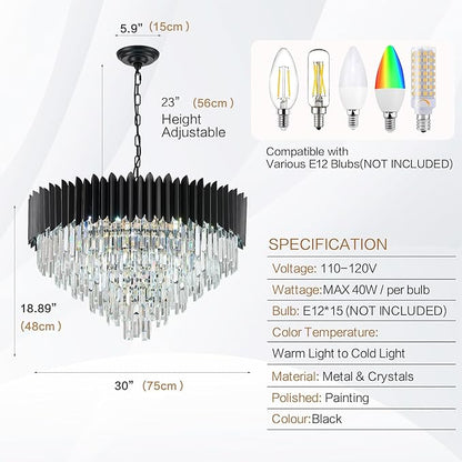 30'' Black Crystal Chandelier 6-Tier K9 Crystal Round Pendant Lights 15-Lights Adjustable Large Modern Crystal Chandelier Light for Dining Room Living Room Kitchen Foyer Entryway