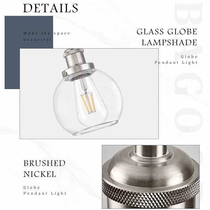 Bagood 8" Glass Pendant Light Clear Globe Pendant Lights Kitchen Island Brushed Nickel Glass Pendant Lights Kitchen Island Globe Pendant Light fixtures Pendant Light Farmhouse(Bulb Incl.)