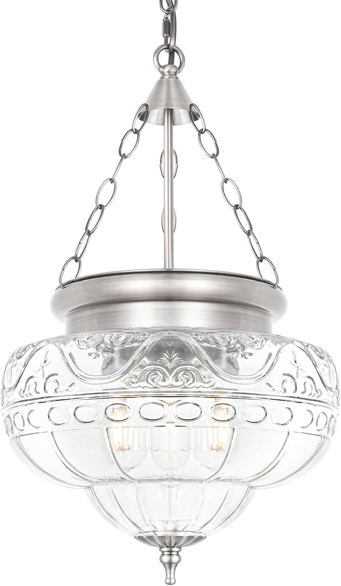 3-Light Brushed Nickel Pendant Light Fixtures with 12In Unique Thickened Glass, Vintage Pendant Lights Kitchen Island with Adjustable Chain, Hanging Light Fixtures for Entryway, E26*3