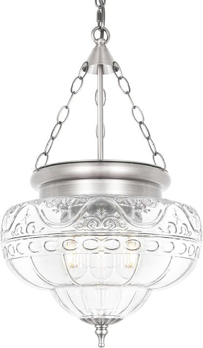 3-Light Brushed Nickel Pendant Light Fixtures with 12In Unique Thickened Glass, Vintage Pendant Lights Kitchen Island with Adjustable Chain, Hanging Light Fixtures for Entryway, E26*3