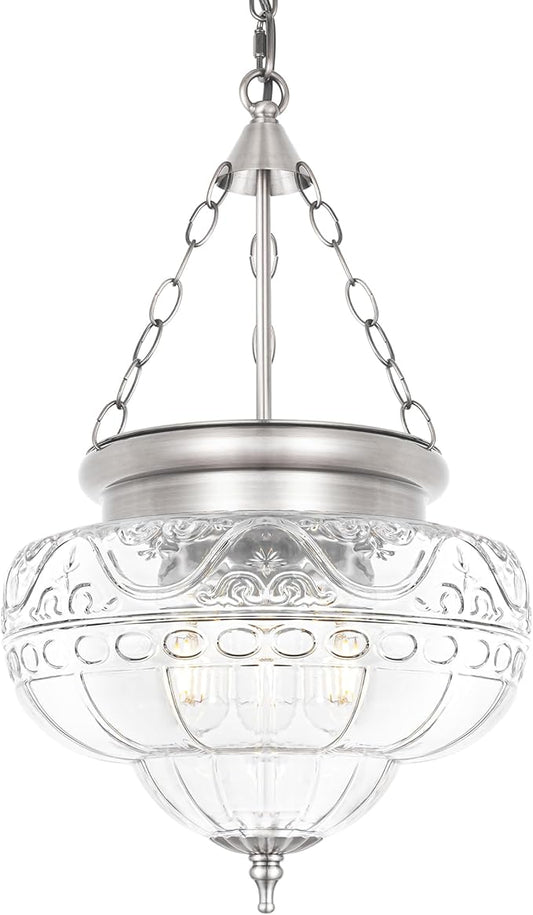 3-Light Brushed Nickel Pendant Light Fixtures with 12In Unique Thickened Glass, Vintage Pendant Lights Kitchen Island with Adjustable Chain, Hanging Light Fixtures for Entryway, E26*3