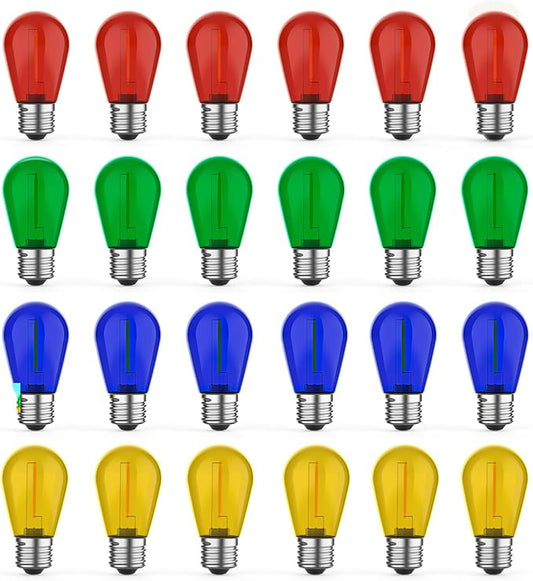 GvvooHome 24 Pack S14 Colored LED String Light Bulbs, 1W Plastic Shatterproof Replacement Bulbs for Outdoor Patio Backyard Lights, E26 Medium Base, Warm White 2200K, Dimmable, Red/Green/Blue/Orange