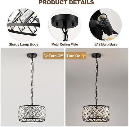 Black Crystal Chandelier, 3-Light Morden Dining Room Light Fixture,12.4" Small Round Semi Flush Mount Chandeliers for Kitchen Foryer Entryway Hallway Living Room Bedroom (ETL Listed)