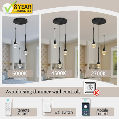 ykolupty Pendant Lights Kitchen Island 3-Lights Pendant Chandelier for Dining Room Hallway Stairwell,LED Dimmable 2700K-6000K