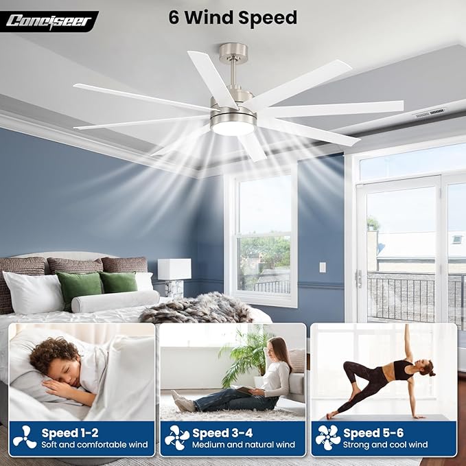 Conciseer 65 Inch Ceiling Fans with Lights and Remote for Bedroom Living Room Kitchen Office, Indoor/Outdoor Use, 6CCT Dimmable, 8 Blades 6 Speed Reversible Quiet DC Motor, Sand-nickel/White