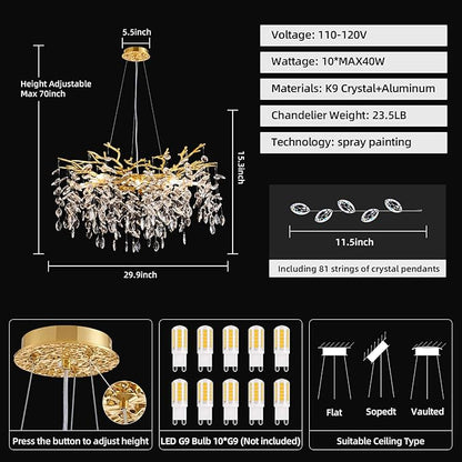 Modern Tree Branch Crystal Chandelier 30" Gold Luxury Large Pendant Lighting 10-Light Contemporary K9 Crystal Chandeliers for Dining Room Kitchen Living Room Foyer Entryway (Gold, D30-Round)