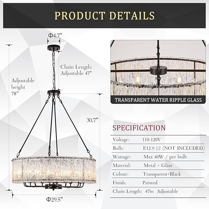 CATINER 12-Light Crystal Glass Chandeliers Modern 30" Black Drum Chandelier Luxury Ceiling Pendant Light Fixture for Living Room Dining Room Kitchen Foyer Bedroom