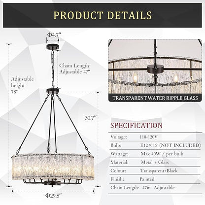 CATINER 12-Light Crystal Glass Chandeliers Modern 30" Black Drum Chandelier Luxury Ceiling Pendant Light Fixture for Living Room Dining Room Kitchen Foyer Bedroom