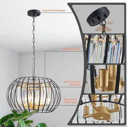 17.7" Modern Crystal Chandelier Black and Gold Drum Pendant Lighting Fixture Round Rustic Metal Shade 4-Light for Dining Room Living Room Bedroom Hallway