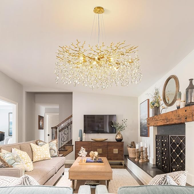 Modern Tree Branch Crystal Chandelier 40" Gold Luxury Large Pendant Lighting 15-Light Contemporary K9 Crystal Chandeliers for Dining Room Kitchen Living Room Foyer Entryway (Gold, D40-Round)