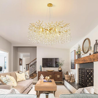 Modern Tree Branch Crystal Chandelier 40" Gold Luxury Large Pendant Lighting 15-Light Contemporary K9 Crystal Chandeliers for Dining Room Kitchen Living Room Foyer Entryway (Gold, D40-Round)