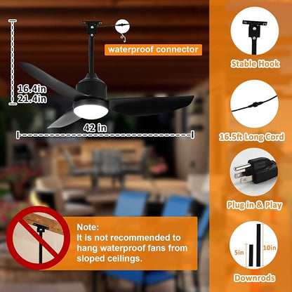 Depuley Outdoor Ceiling Fan with Light: 42 Inch Black Waterproof Gazebo Fans with Lights Outdoor Hanging - Plug in Remote App Control for Patios Indoor Farmhouse Porch - 6 Speed Reversible DC Motor