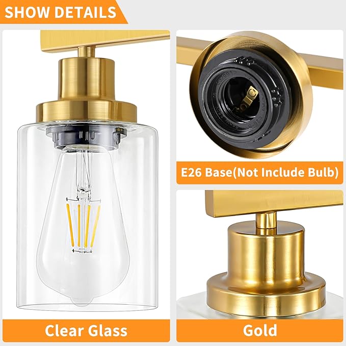 3 Light Gold Bathroom Light Fixtures, Bathroom Vanity Light Over Mirror, Gold Wall Sconce Vanity Lighting with Clear Glass Shade,Modern Farmhouse Bath Wall Lamp for Mirror Kitchen