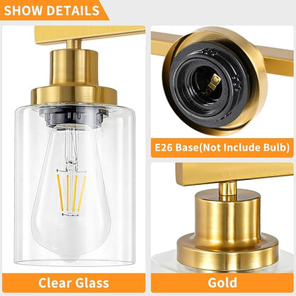 3 Light Gold Bathroom Light Fixtures, Bathroom Vanity Light Over Mirror, Gold Wall Sconce Vanity Lighting with Clear Glass Shade,Modern Farmhouse Bath Wall Lamp for Mirror Kitchen