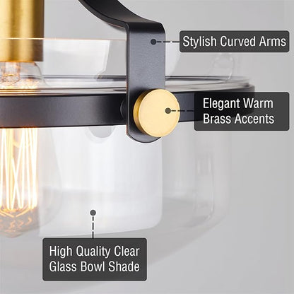 Kira Home Zurich 12" Modern Industrial Semi-Flush Mount Ceiling Light, Two-Tone Fixture with Clear Glass Schoolhouse Bowl Shade, Warm Brass and Black Finish