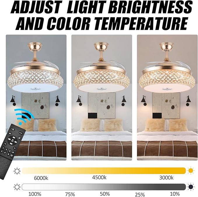 WWahuayuan 42 Inch Retractable Invisible Ceiling Fan with Light and Bluetooth Speaker, Modern Bluetooth Fan Chandelier with Remote Control 3 Color Change 36W LED