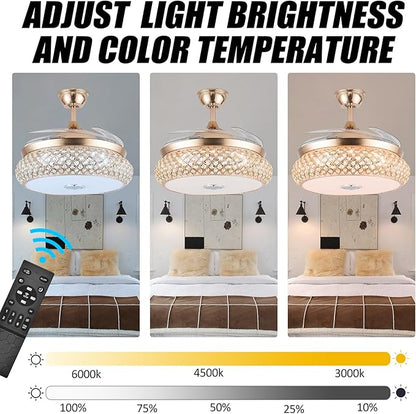 WWahuayuan 42 Inch Retractable Invisible Ceiling Fan with Light and Bluetooth Speaker, Modern Bluetooth Fan Chandelier with Remote Control 3 Color Change 36W LED