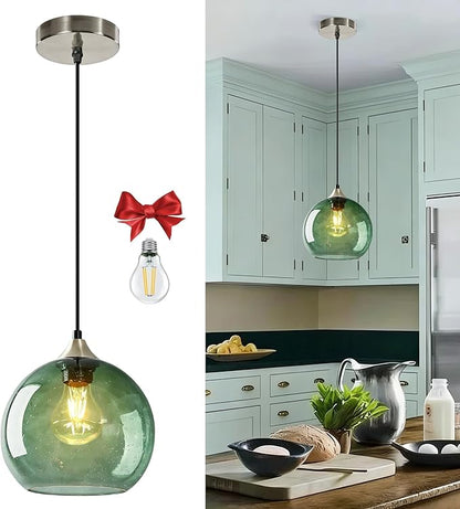 Gray Green Glass Pendant Light, 1 Pack Modern Ceiling Light Fixture with 1 Bulb, 4.92ft Adjustable Cord, Lighting for Kitchen Island, Dining Room, Living Room, Entryway(7.1Inch)