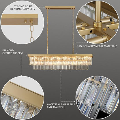 Weesalife Crystal Chandeliers for Dining Room Light Fixtures Over Table，18-Lights Gold Modern Rectangle Chandeliers for Kitchen Island Bar L46 Inch