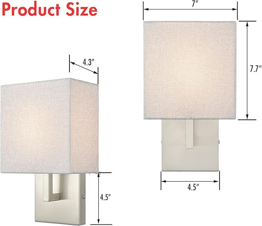 YUBOLE Wall Sconce Brushed Nickel Bedroom Wall Lights with Linen Shades for Bedroom Hallway Bathroom Set of 2