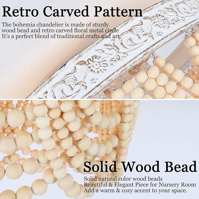 Capslpad Bohemia Wood Beaded Flush Mount Ceiling Light Antique Boho Mini Chandelier Farmhouse Light Fixture for Bedroom Nursery Room Hallway Entryway Foyer,3-Light