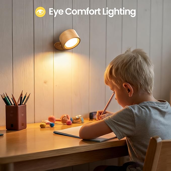 Wall Mounted Lamp LED Wall Lights with Rechargeable Battery Operated, 3 Color Temperatures & 3 Brightness Levels 360°Rotate Magnetic Ball, Cordless Sconces for Reading Bedroom Bedside,Wood-2 Pack