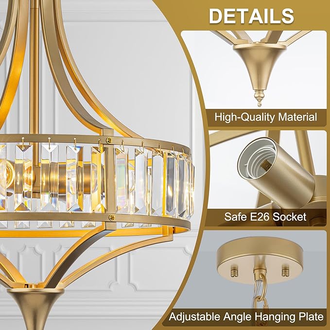 Gold Vintage Chandeliers for Dining Room, 15.7" Modern Crystal Round Pendant Lights Kitchen Island Over Table,4-Light Foyer Chandelier for Entryway Bathroom Bedroom Living Room