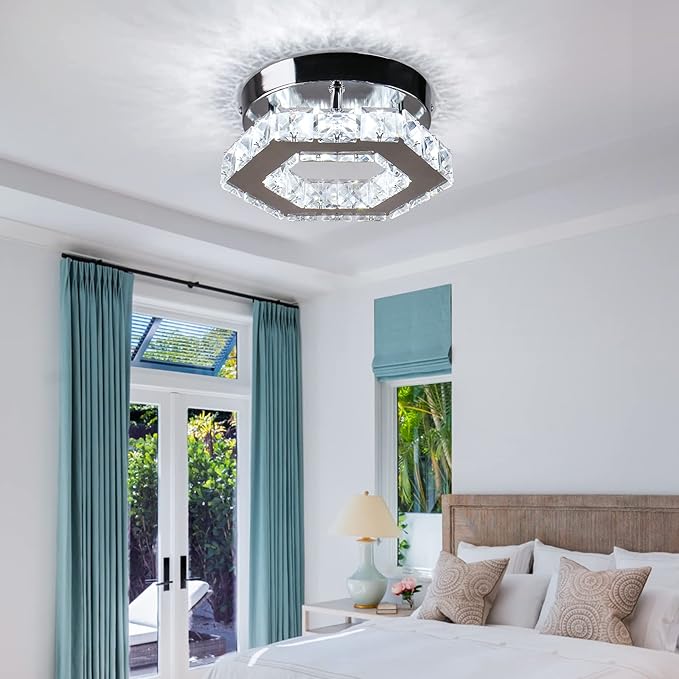 Dimmable Crystal Chandelier Mini LED Flush Mount Ceiling Light Fixture Modern Chandelier Lighting Lamp for Bedrooms Hallway Living Room Dining Room Kitchen Bar