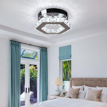 Dimmable Crystal Chandelier Mini LED Flush Mount Ceiling Light Fixture Modern Chandelier Lighting Lamp for Bedrooms Hallway Living Room Dining Room Kitchen Bar