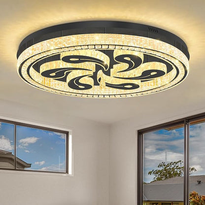 Modern Crystal Chandeliers for Dining Room Flush Mount Ceiling Chandelier for Living Room Dining Room Ring LED Crystal Ceiling Light (Round,40in Black,Dimmable 2700K-6500K)