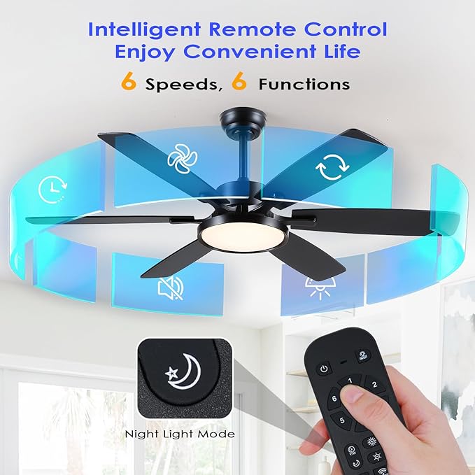 Hounberi 52 Inch Ceiling Fans with Lights and Remote, Modern Black Ceiling Fan with Light, Quiet DC Reversible Motor, 3CCT Dimmable LED Light, Black & Wood Hanging Fan for Bedroom, Living Room