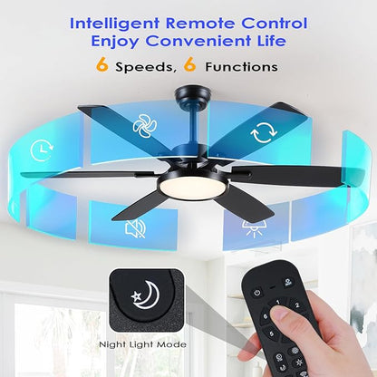 Hounberi 52 Inch Ceiling Fans with Lights and Remote, Modern Black Ceiling Fan with Light, Quiet DC Reversible Motor, 3CCT Dimmable LED Light, Black & Wood Hanging Fan for Bedroom, Living Room