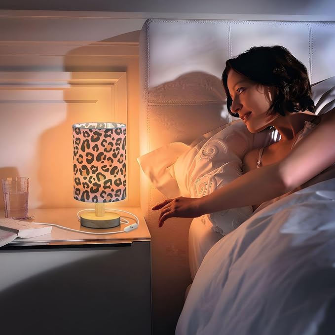 Bedside Table Lamp Pink Leopard Nightstand Lamp with Wood Animal Cheetah Print Desk Lamps for Bedroom Living Room Nursery Office Home Decor