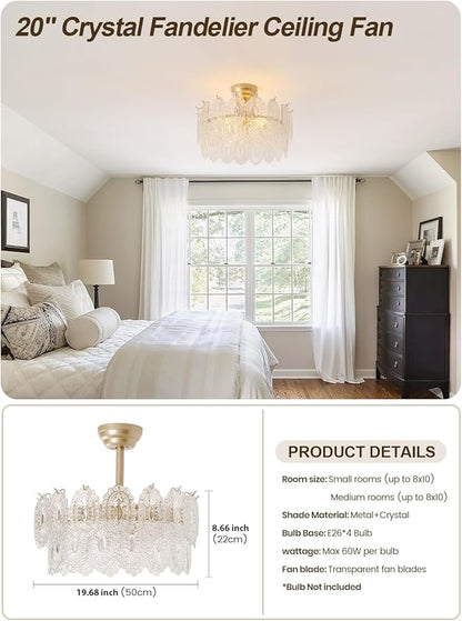 20" Gold Fandelier Ceiling Fans with Lights, Crystal Chandelier Ceiling Fans with Lights Remote Control, Mid Century French Caged Fandelier with 6 Speeds for Bedroom, Living Room